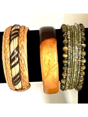 Eclectic Earthy Boho Bracelets Woven Rattan Style Beaded Woodgrain Lot Of 3